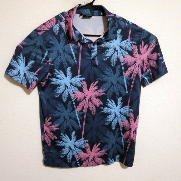 Greenside Shirt Mens Small Short Sleeve Golf Performance Polo Blue Palm Trees - Picture 2 of 6